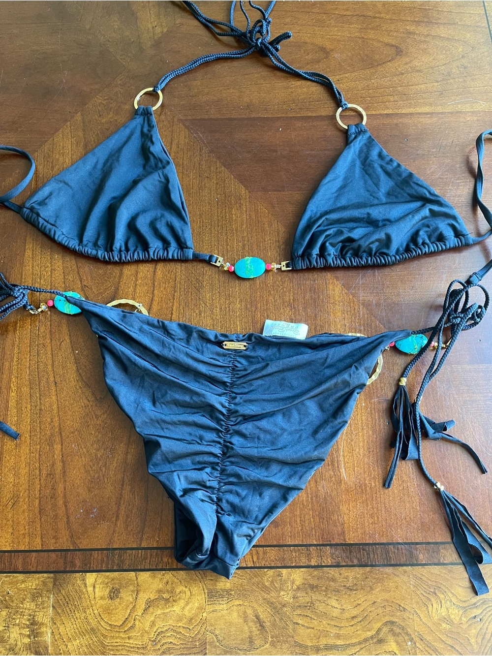 BEACH BUNNY bikini Black Triangle Bikini Set with Turquoise Accents size XL set - Picture 10 of 14